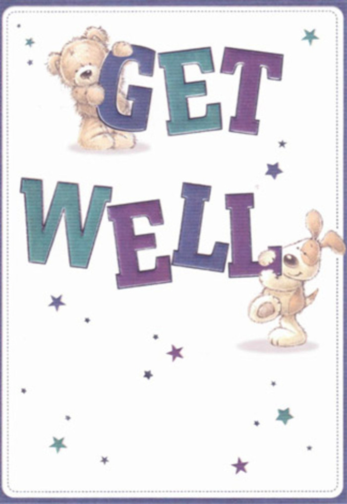 This uplifting get well card, inspired by the caring community spirit of Chadwell Heath, perfectly captures the essence of gentle encouragement through artful illustration. Two affectionate companions-a brown teddy bear and his loyal, cream-coloured puppy friend-are front and centre, caught sharing a delightful playfulness as they display oversized, rounded letters spelling 'Get Well.' A cascade of stars in shades of periwinkle, violet, and azure scatters around them, as though each one carries a secret wish from every corner of Chadwell Heath, from the bustle of local shops to the calm of Mayfield Park. The bear's fluffy texture, almost inviting you to reach out and touch, pairs with the puppy's velvety ears, invoking the comforting assurance of a lovingly prepared bouquet. The bold, confident text-streaked with purples and blue-greens-serves as a visual anchor, much like the iconic landmarks for those familiar with the neighbourhood. Balanced on an airy, white canvas, the scene exudes clarity and positivity, reminiscent of a sunny flower delivery to a neighbour's door by Flowers Chadwell Heath. The artwork, with its blend of innocence, warmth, and gentle hope, is perfectly suited for anyone seeking to send heartfelt encouragement across this caring community.